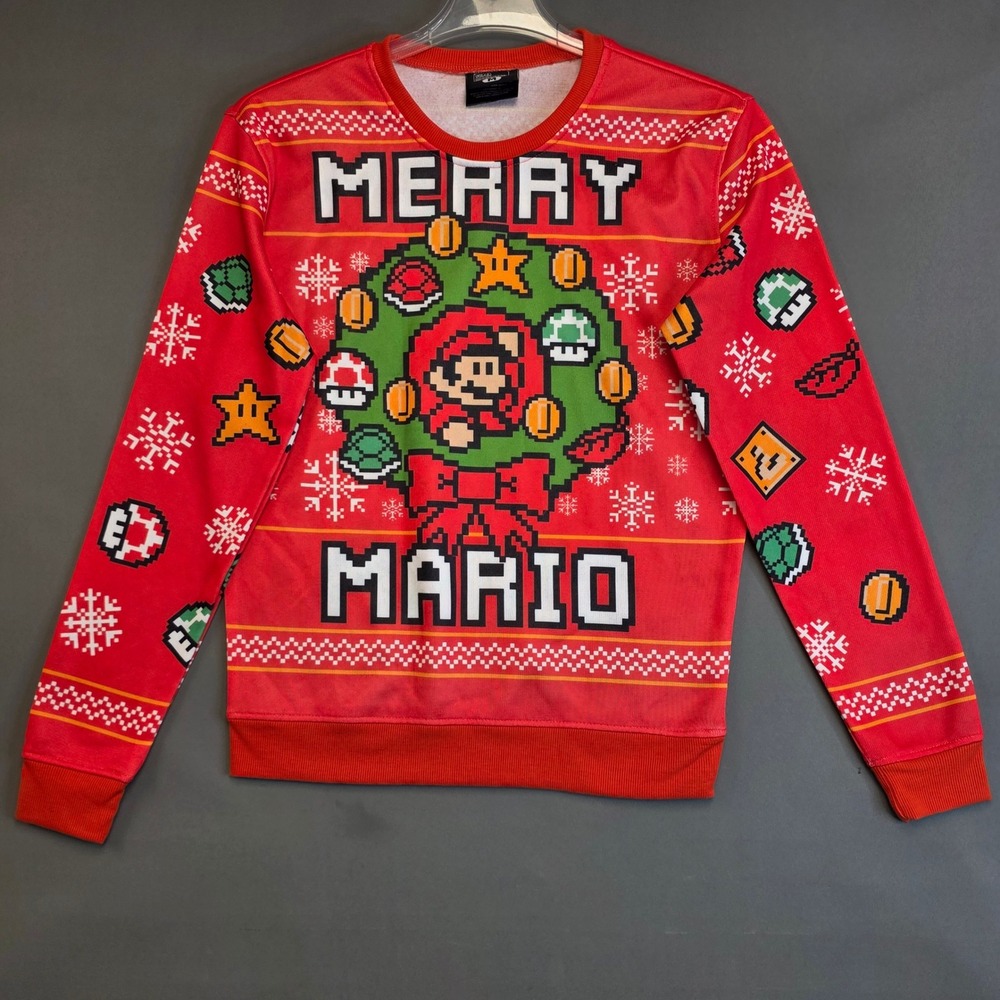 Super Mario Bros. Sweatshirt Men's Holiday Ugly Christmas Pixel Art Red Medium